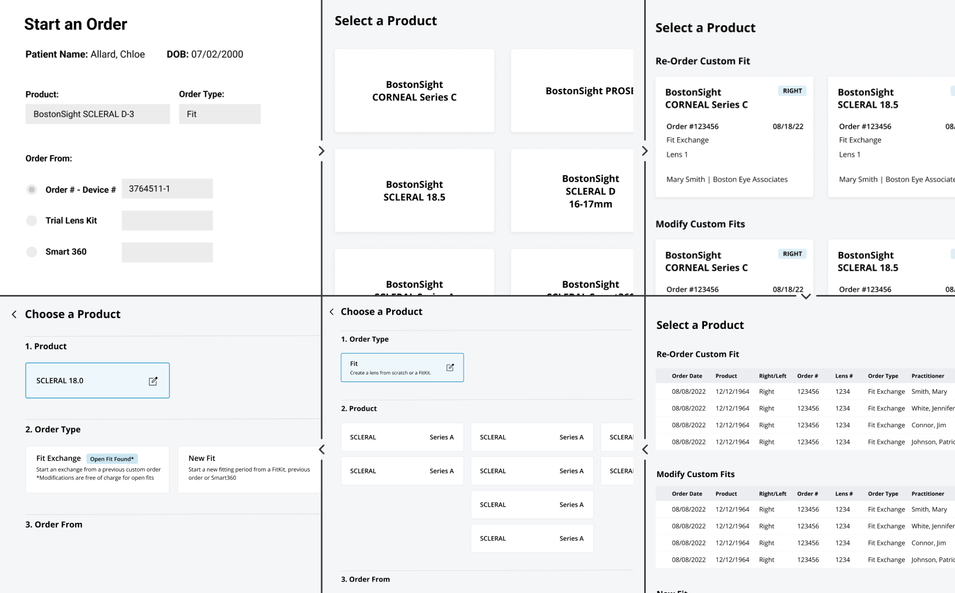 A series of design iterations that shows the 'start an order' options changing from radio buttons, to cards, to table rows, and landing back on smaller cards.